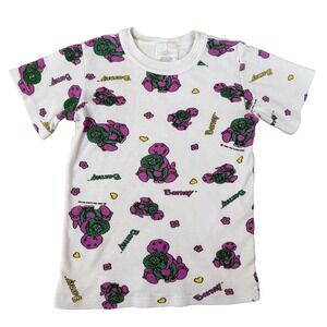 Vtg 90s Barney Shirt Girls‎ 6X White All Over Print Puple Dinosaur USA Baby Bop